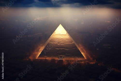 Aerial view of a glowing pyramid at dusk, surrounded by a sprawling cityscape and misty sky