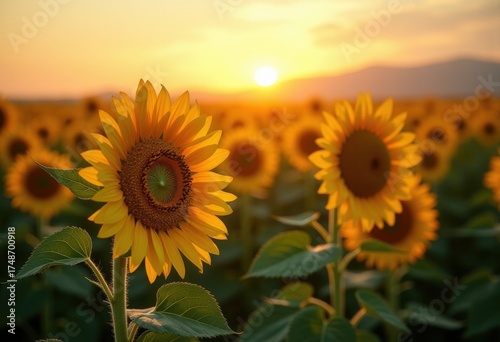 Vibrant Sunflower Field Under Warm Golden Hour Light Blooming Open Sky Rural Landscape