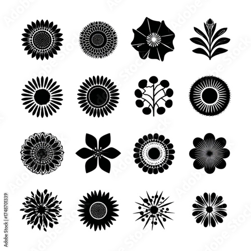 Collection of sixteen diverse black floral silhouette icons.