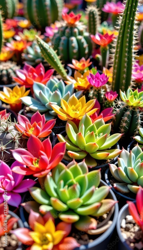 Fototapeta premium A vibrant collection of succulents and cacti thrive in a sun-drenched garden, showcasing diverse textures and colors, arrangement, autumn, detail