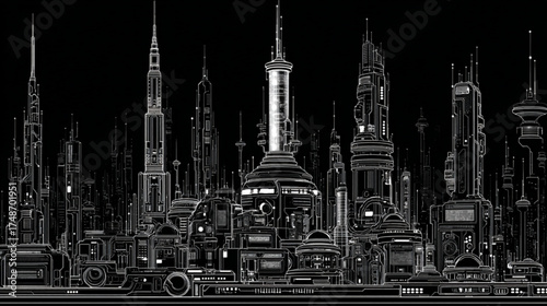 Detailed white line art of a futuristic metropolis skyline.
