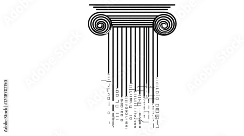 Abstract Ionic column dissolving into digital code fragments.