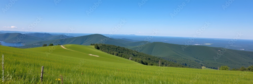 Obraz premium Serene field near Smith Mountain Lake, Virginia. Rolling hills, lush green grass, and clear blue sky. Perfect for outdoor recreation and relaxation, ecology, spring