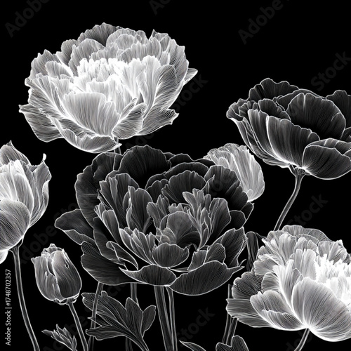 Monochrome X-ray Peony Flowers with Translucent Petals.