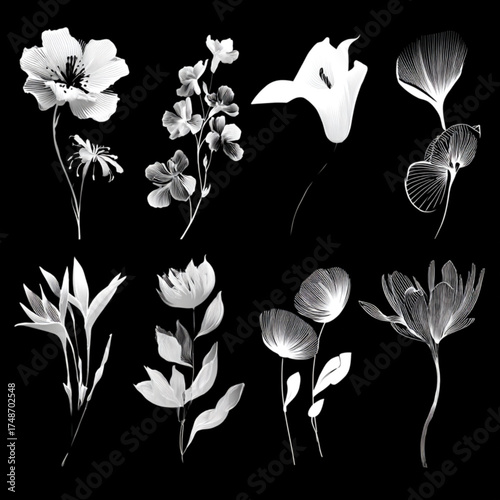 Collection of eight ethereal white flowers on a black background.
