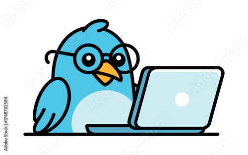 Vector art of cute blue bird with glasses using laptop