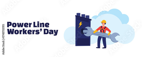 Power Line Workers Day banner with a vector illustration of a power line technician repairing electrical networks and power line supports. Energy industry and electricity maintenance concept
