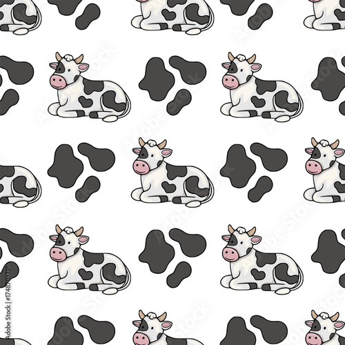 Charming seamless vector pattern featuring adorable cartoon cows and their distinctive black and white spots on a clean white background, perfect for whimsical farm-themed designs.