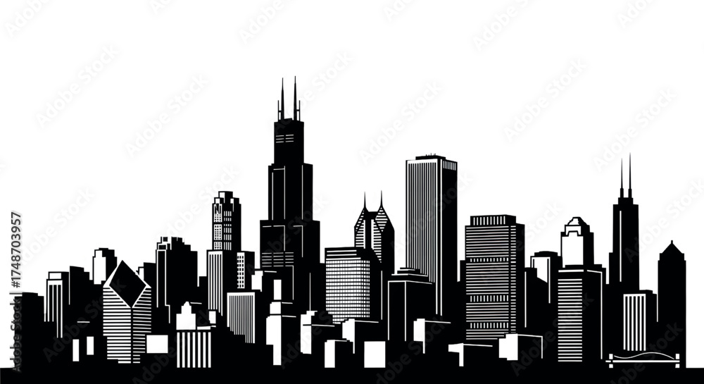 Naklejka premium Monochrome Chicago Skyline Silhouette: Iconic Urban Landscape Vector Art