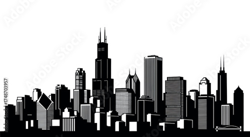 Monochrome Chicago Skyline Silhouette: Iconic Urban Landscape Vector Art