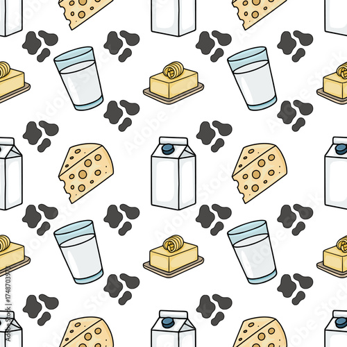 A charming, hand-drawn vector pattern featuring dairy products like milk cartons, cheese slices, butter, and glasses of milk, interspersed with cow spots on a clean white background.