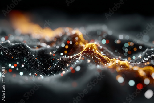 3D illustration of neural network and artificial intelligence data stream with bright colorful bokeh background
