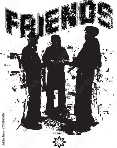 Silhouette friends group illustration with vintage text designation For street wear design