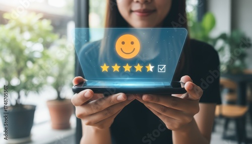 Customer review satisfaction feedback survey concept. Customer pressing smile face and five star on mobile phone for customer review. Customer satisfaction survey, service experience rating