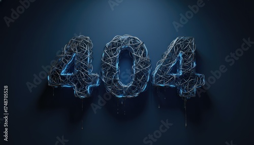 Creative metallic 404 error sign with glowing blue wires on dark background, concept of internet, web design and technology failure