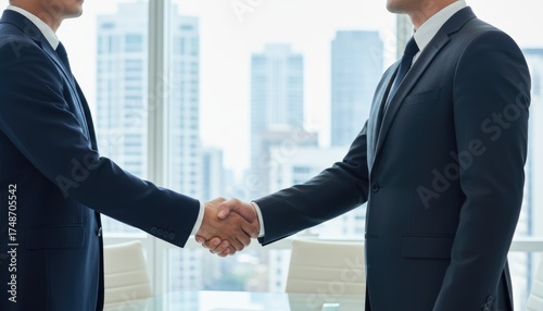 Businessmen shaking hands in modern office, concept of partnership, trust and corporate success