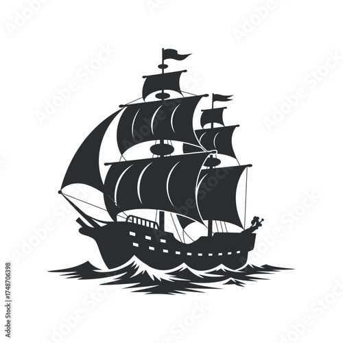 Sailing Ship Silhouette On Water Waves Illustration Seafaring Transportation Artwork