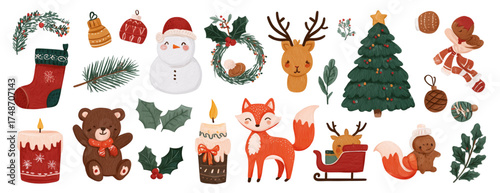 Set of cute Christmas elements featuring woodland animals and festive decorations.