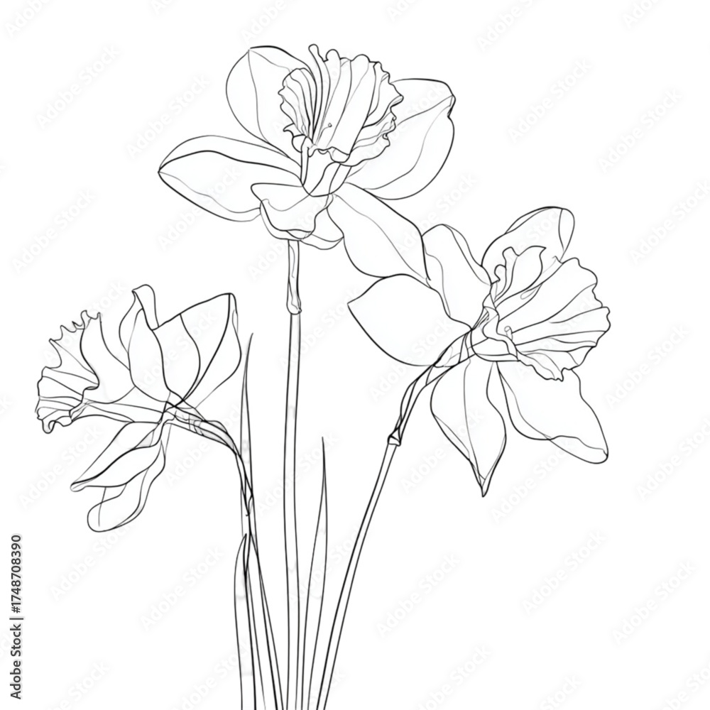Obraz premium Elegant line art illustration of three daffodil flowers.