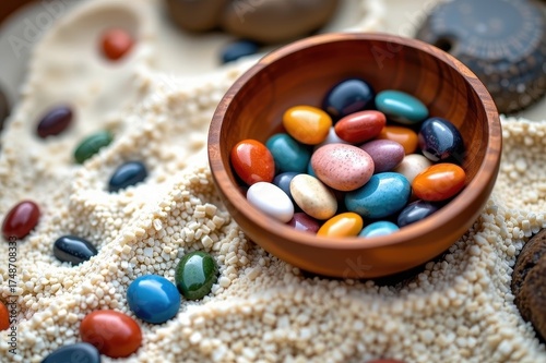 Wooden bowl filled with colorful stones rests in a sand zen garden, creating a serene and balanced scene, wellness, bowl, calm