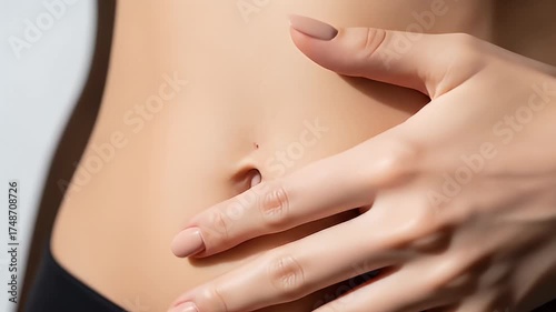 Close-up of a woman's toned stomach with a hand gently touching her navel