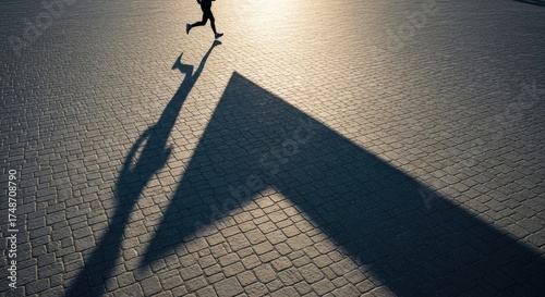 Dynamic Runner Silhouette on Cobblestone Pavement Shadow of Person Jogging Sunlight Casts Long Shadow Athletic Figure in Motion Outdoor Exercise Silhouette on Cobblestone Path Runner in Urban Setting