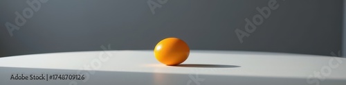 Single bright golden egg on a smooth gray surface, soft light, minimalist composition, reflection, shiny