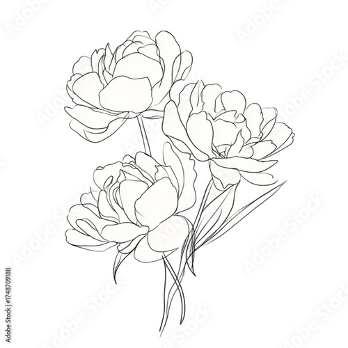 Elegant line art illustration of three beautiful peony flowers.