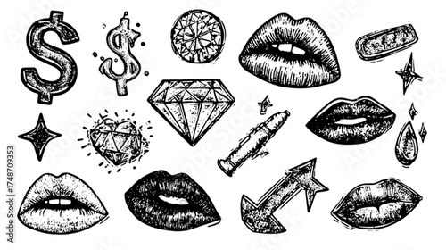 Hand drawn sketch collection of money diamonds and lips symbols.