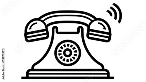 Vintage rotary telephone ringing icon in black line art style.