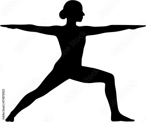 Virabhadrasana II – Warrior II solid yoga pose vector showing strong lunge position with extended arms parallel to ground, gaze forward, filled human silhouette design for wellness, balance, fitness