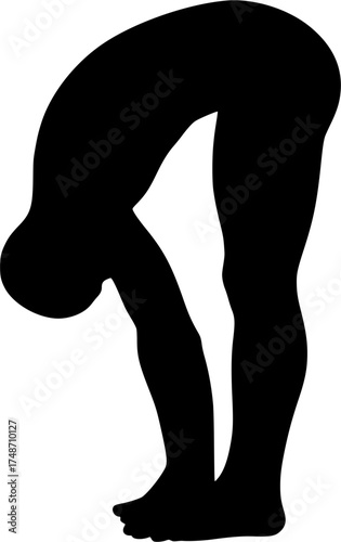 Padahastasana: Hand to Foot Pose, solid left yoga vector showing full forward bend, palms under feet, knees straight, curved spine, realistic human silhouette for wellness, anatomy