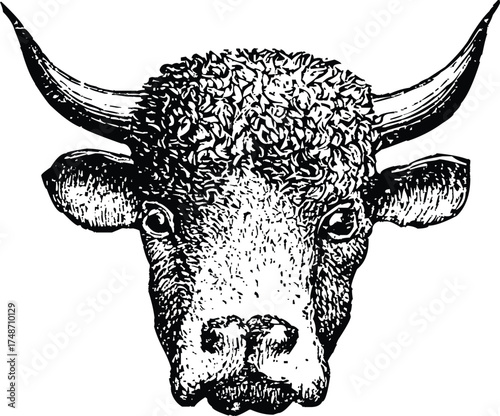 Vector art of closeup vintage illustration of a bulls head, featuring prominent horns and a textured coat, in a classic black and white style