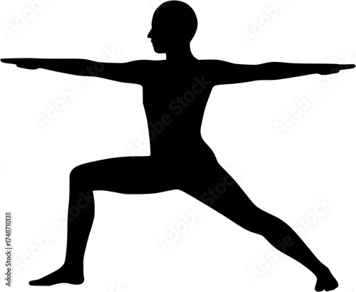 Virabhadrasana II – Warrior II filled yoga silhouette of warrior stance with wide leg extension, aligned arms, steady gaze, transparent vector for yoga, anatomy, mindfulness, and health illustration p