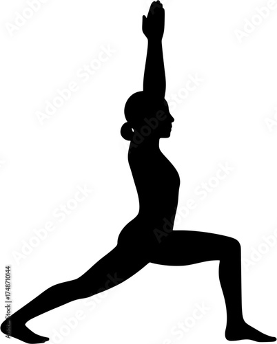 Virabhadrasana I: Warrior I filled yoga silhouette of calm lunge posture with extended arms upward, aligned hips, straight rear leg, transparent vector for yoga, anatomy, mindfulness & health