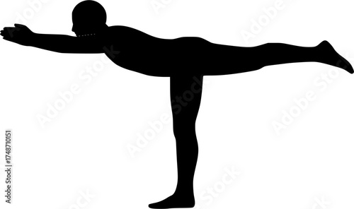 Virabhadrasana III: Warrior III solid yoga pose vector showing balance on one leg with torso and back leg aligned horizontally, arms stretched forward, filled silhouette design for wellness, anatomy
