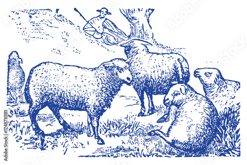 Vector art of vintage illustration of sheep grazing in a field with a shepherd in the background, blue ink drawing