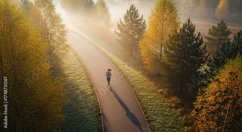 Lone Runner on Foggy Roadway: A High-Angle View of a Morning Jog in Autumnal Scenery, Emphasizing Solitude and Dedication Cardio Workout in Nature's Embrace