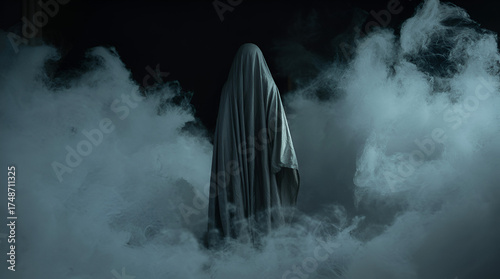 Foto Mysterious ghost figure covered with white sheet standing in the fog