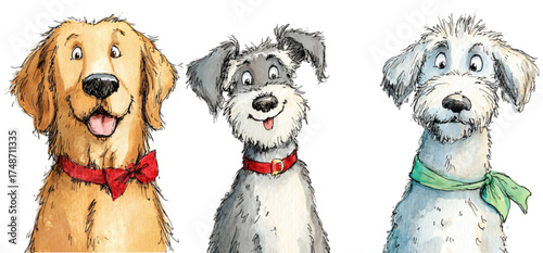 Charming watercolor illustration of three friendly cartoon dogs.