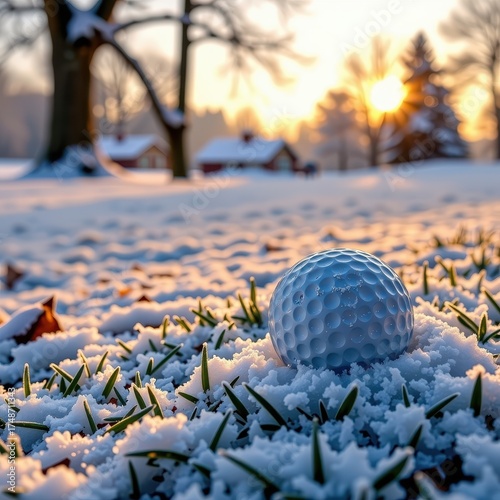 Frosty golf ball rests on a snow-covered winter golf course, surrounded by frosted grass and trees, winter landscape, ice, recreation