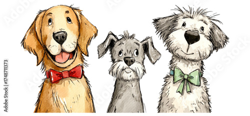 Charming watercolor illustration of three friendly dogs wearing bow ties.