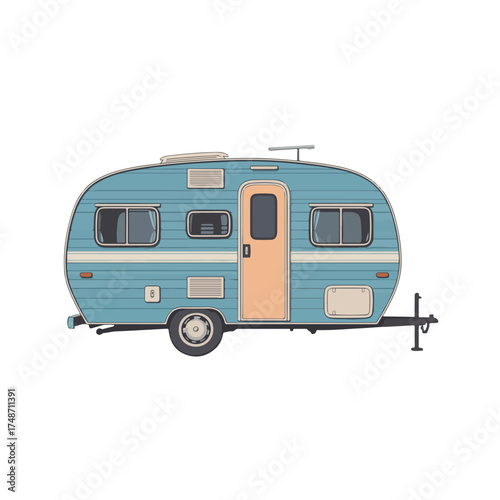 Vintage Travel Trailer Illustration Featuring Blue Panel Exterior, Cream Door, Roof Vent, Antenna, Windows, and Hitch, Retro Camper Visual for Road Trip, Adventure, and Outdoor-Themed Content
