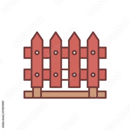 Cartoon Wooden Fence Illustration Featuring Red-Brown Vertical Planks with Pointed Tops, Horizontal Crossbars, Circular Bolts, and Beige Ground Base, Outdoor Structure Visual for Property Garden.