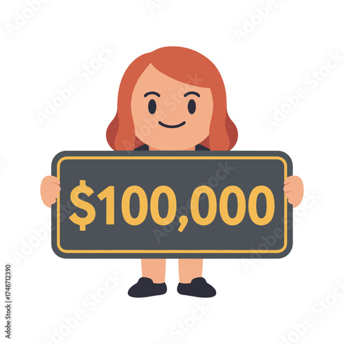 Happy Cartoon Woman Holding a $100,000 Prize Check, a Winner of a Lottery or Jackpot, a Simple Flat Design Vector Illustration Representing a Financial Award, Grant, or Donation.