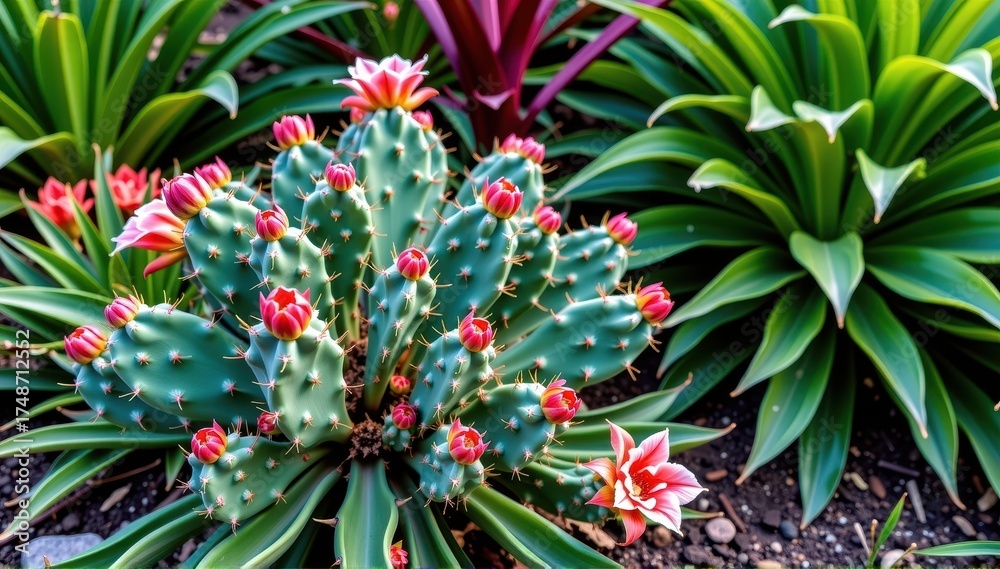 Fototapeta premium A vibrant prickly pear cactus thrives amidst lush tropical foliage in a botanical garden setting, texture, stock photo