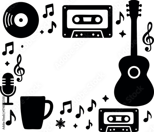Retro music frame silhouette vector illustration in solid black