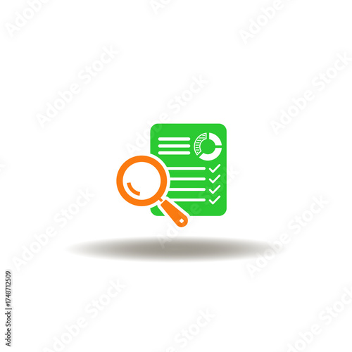 Vector illustration of financial list with diagram and magnifier. Symbol of ETF index analysis. Icon of financial market analytics.