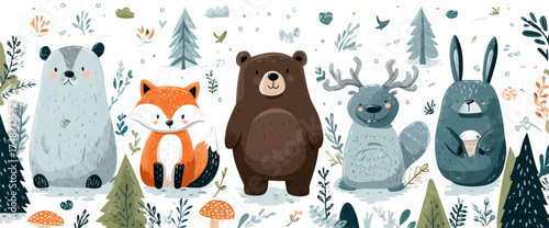 Collection of cute cartoon forest animals in a charming style.