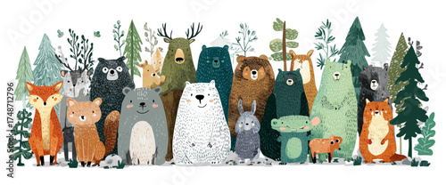 Charming collection of illustrated woodland animals standing together.